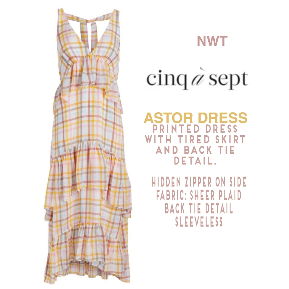 🎀Clearance🎀 NWT CINQ A Sept midi dress tiered ruffled W/ back tie Luxury - Picture 2 of 12
